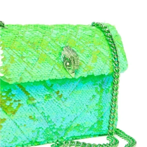 Kurt Geiger Sequin Embellished Lime Green Neon Medium Kensington Shoulder Bag - Picture 6 of 14